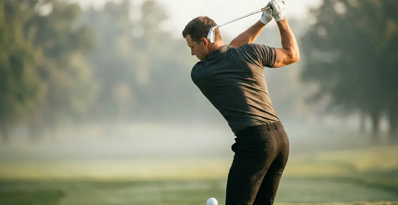 Golfer demonstrating thoracic spine rotation at the top of backswing with visible rotational axis and muscle engagement