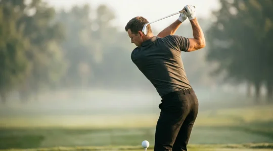 Golfer demonstrating thoracic spine rotation at the top of backswing with visible rotational axis and muscle engagement