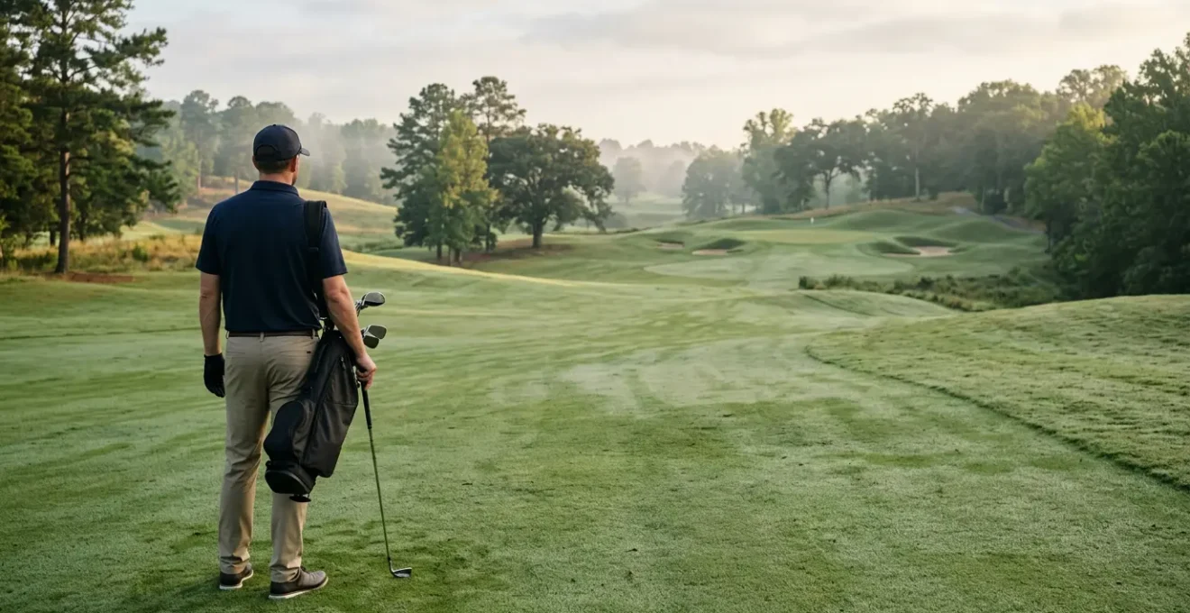 Golfer from behind analyzing green contours with visual overlays showing shot dispersion patterns