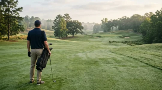 Golfer from behind analyzing green contours with visual overlays showing shot dispersion patterns