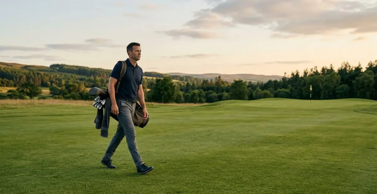 Professional golfer walking calmly between shots on a pristine golf course maintaining composure