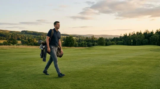 Professional golfer walking calmly between shots on a pristine golf course maintaining composure
