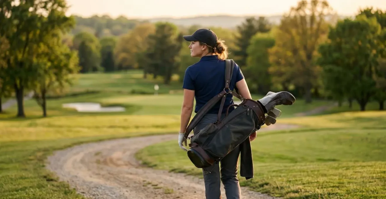 Golfer walking on course path with relaxed posture between shots