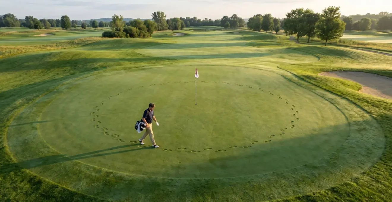 Overhead view of golfer walking circular path around golf hole on sloped green
