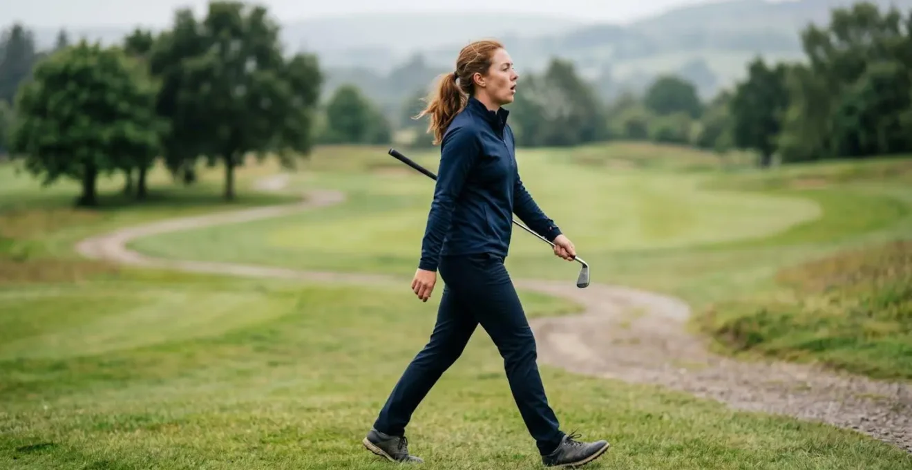 Golfer mid-stride walking forward with deliberate breathing posture after difficult shot