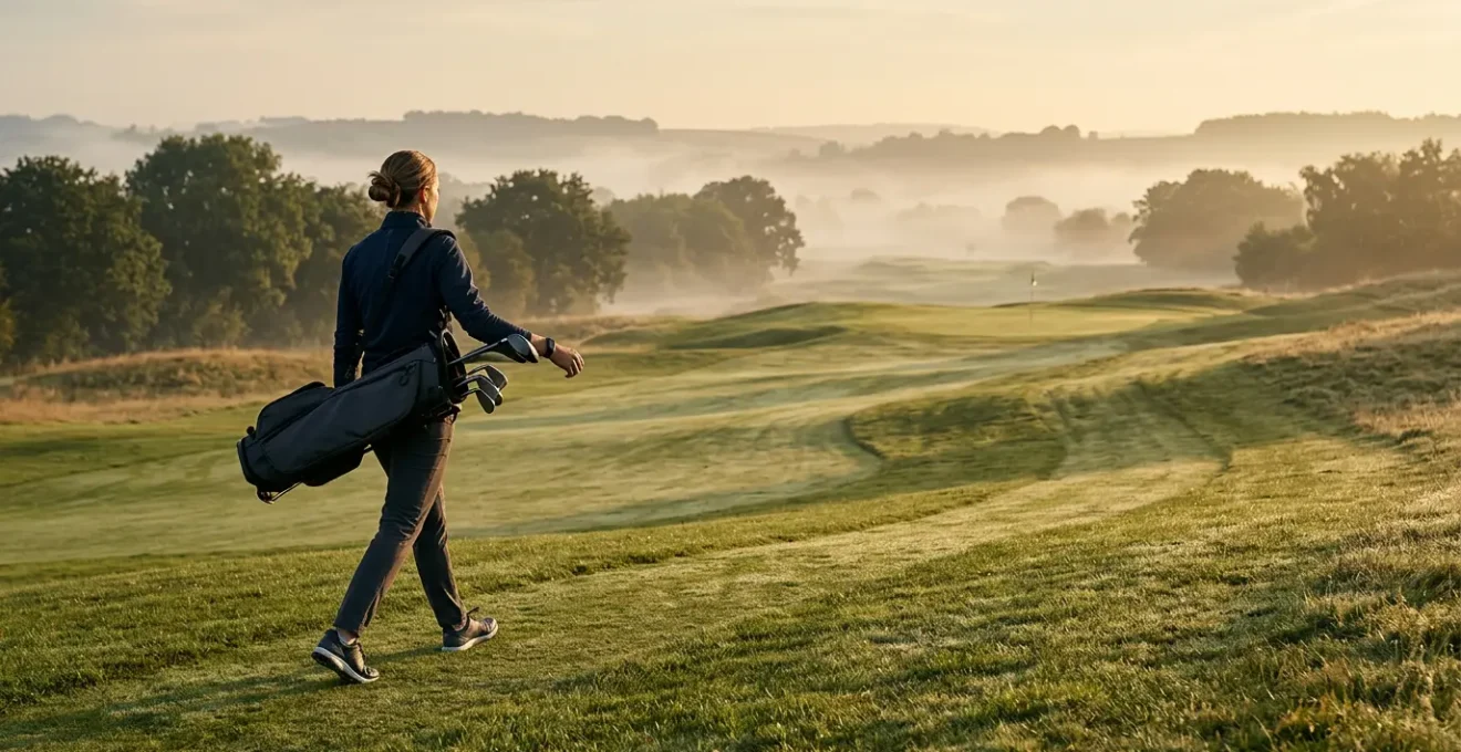 Golfer walking purposefully on verdant fairway with elevated heart rate monitor visible