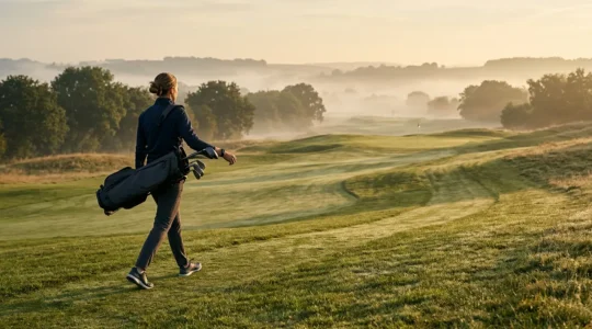 Golfer walking purposefully on verdant fairway with elevated heart rate monitor visible