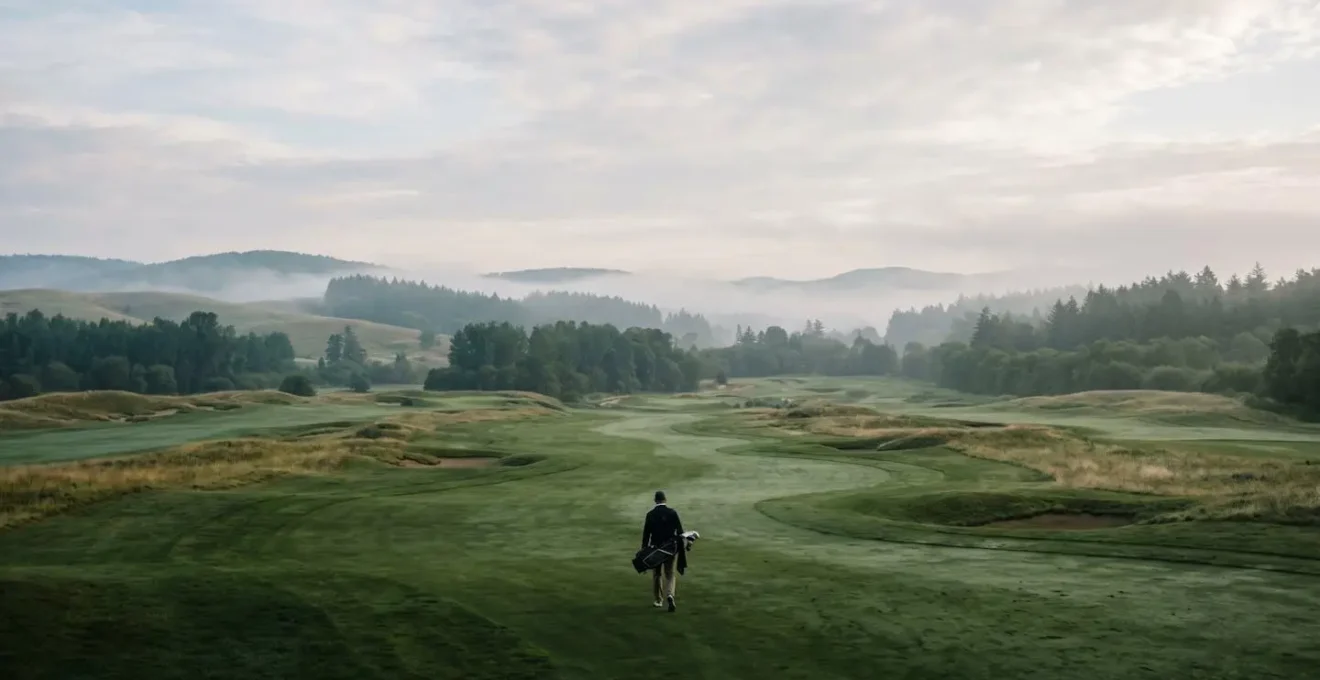 Wide environmental shot of golfer walking peacefully on fairway with expansive course vista