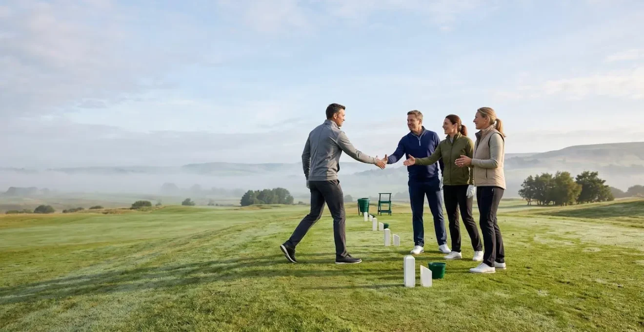 Four golfers meeting and shaking hands at the first tee box with warm smiles