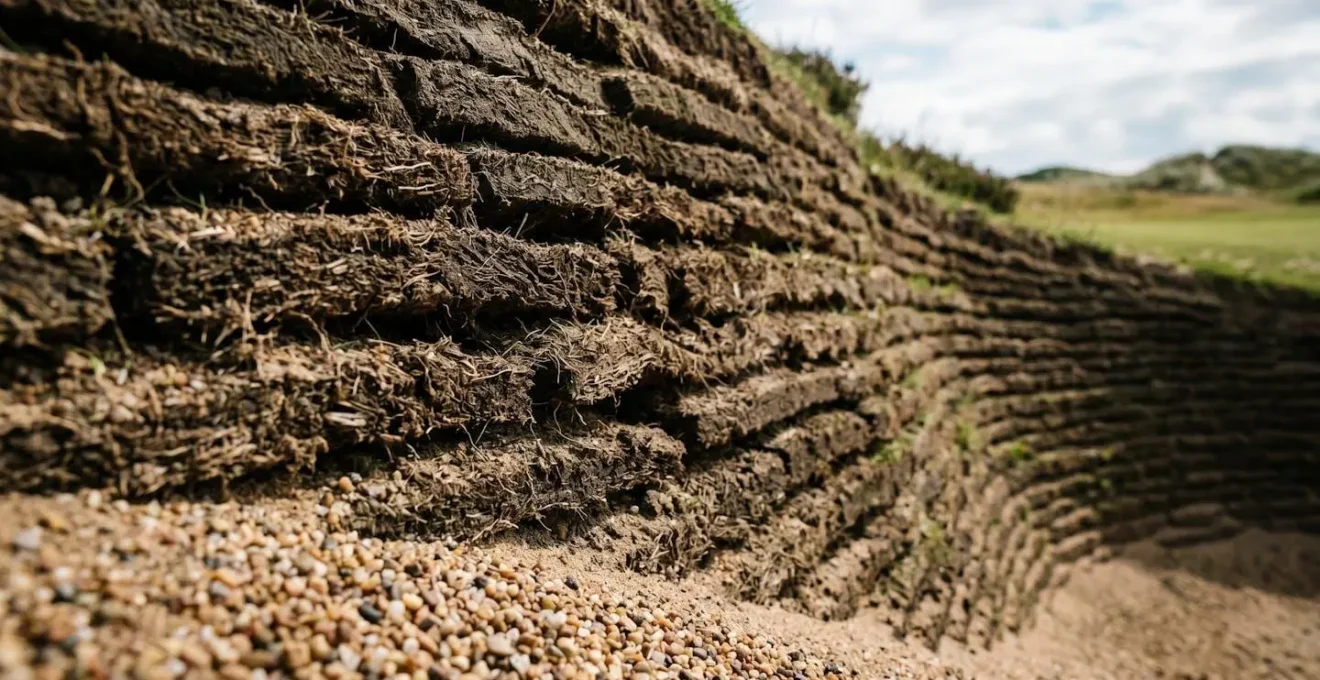 Steep revetted bunker face with layered sod construction showing texture and depth from player perspective