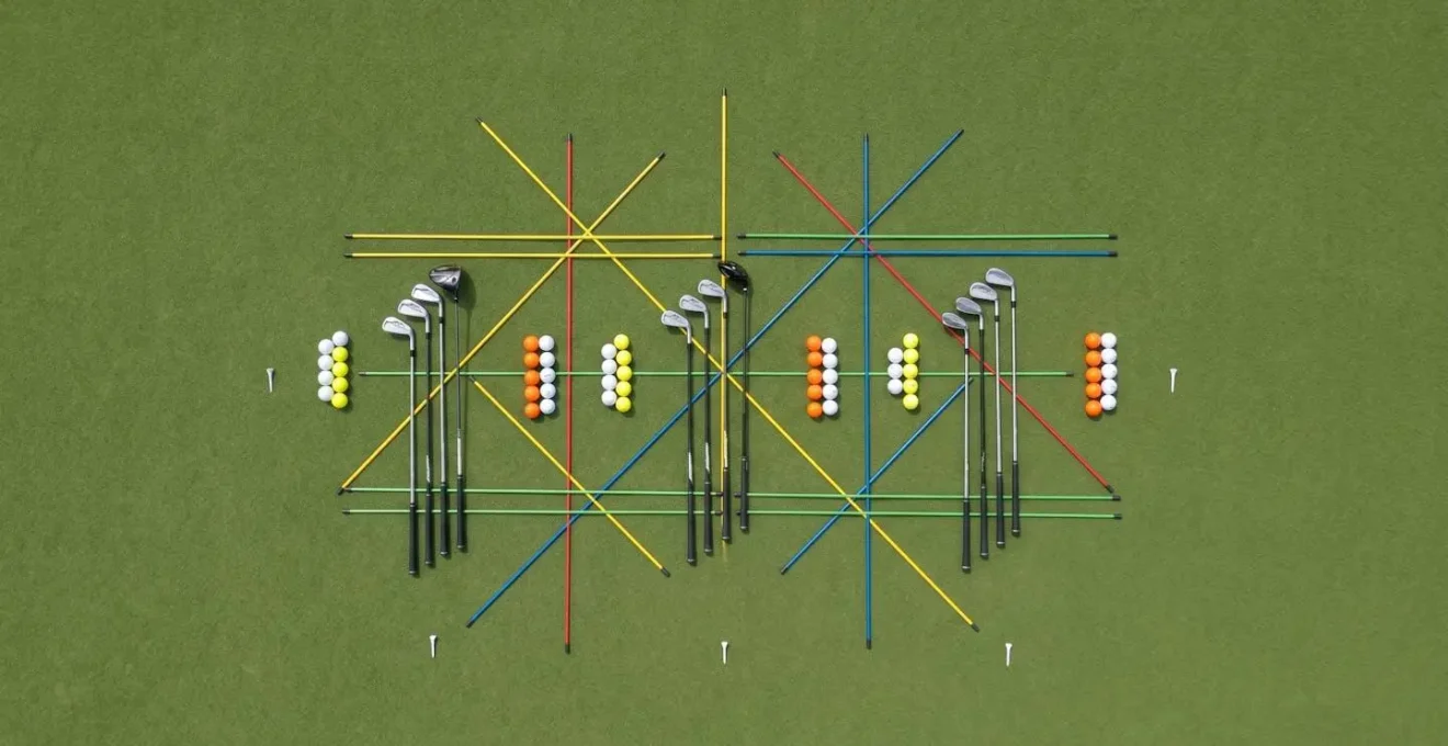 Golf practice station with multiple clubs and different target zones marked