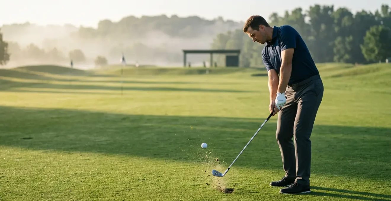 Professional golfer at impact position with iron club showing perfect sole contact on turf, highlighting dynamic lie angle fitting importance