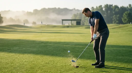 Professional golfer at impact position with iron club showing perfect sole contact on turf, highlighting dynamic lie angle fitting importance