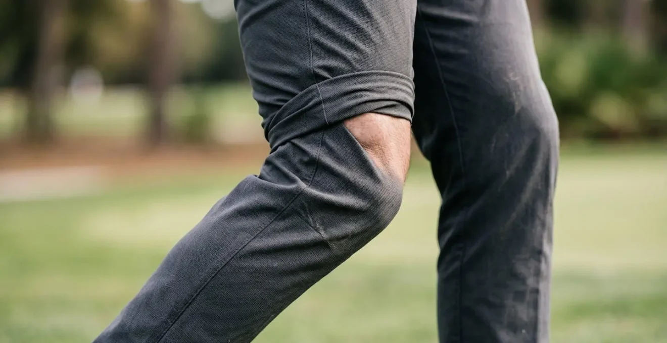 Close-up detail of golfer's lead knee during downswing showing proper alignment and muscle engagement