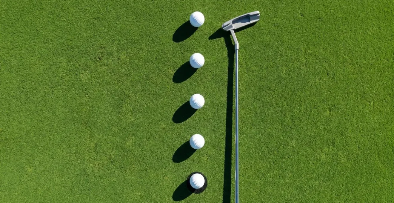 Overhead view of ladder drill setup with golf balls at increasing distances