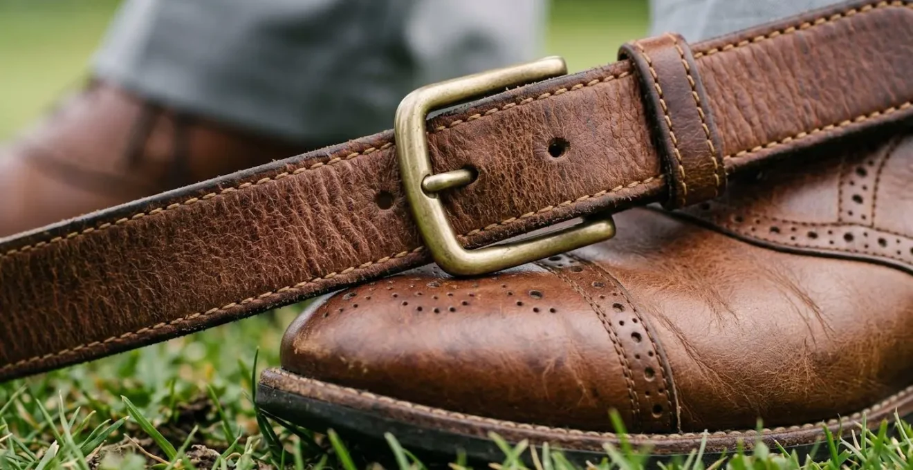 Macro detail of high-quality brown leather golf belt paired with coordinating leather golf shoes showcasing texture and craftsmanship