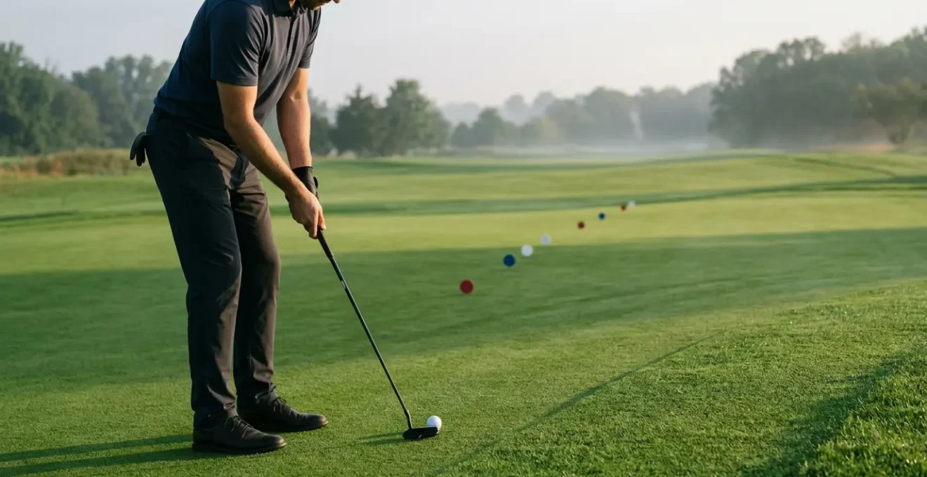 Professional golfer practicing precise distance control on pristine practice putting green with measured markers