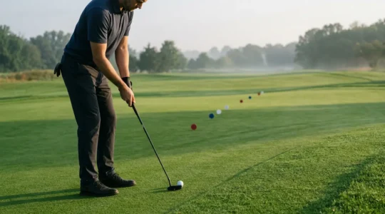 Professional golfer practicing precise distance control on pristine practice putting green with measured markers