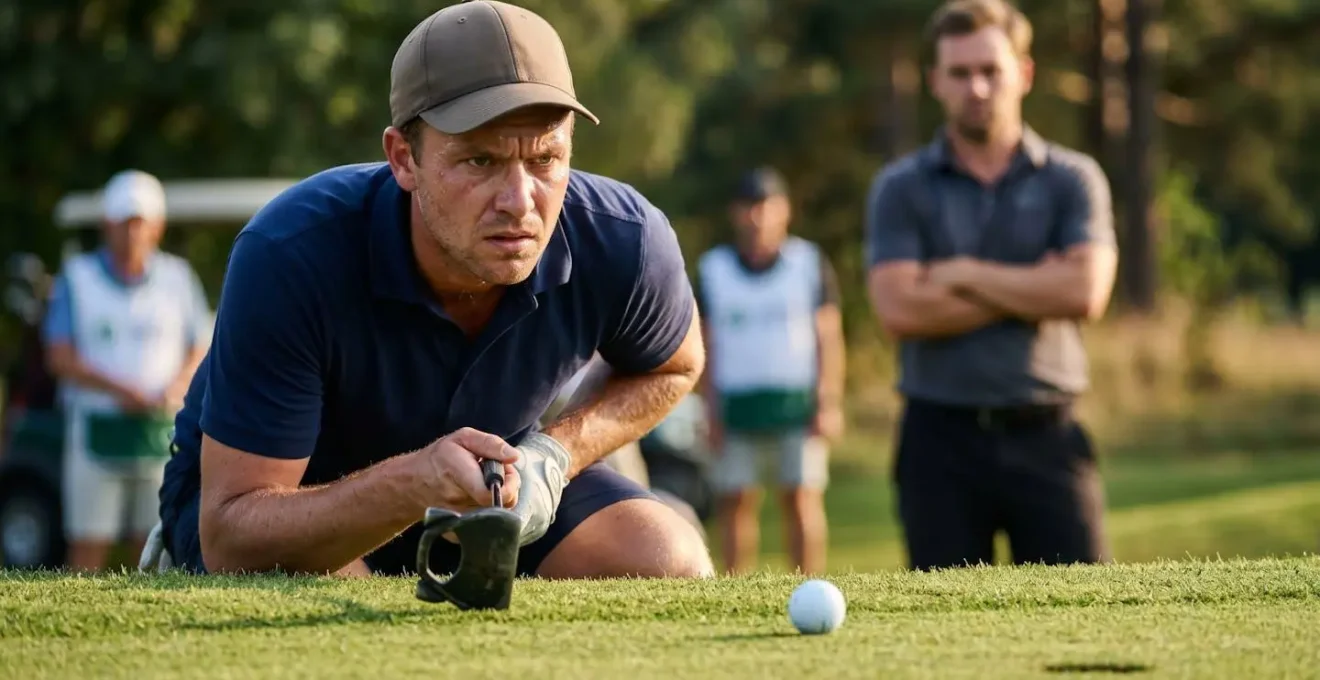 Golfer contemplating strategy on a crucial putt with opponent watching in match play format