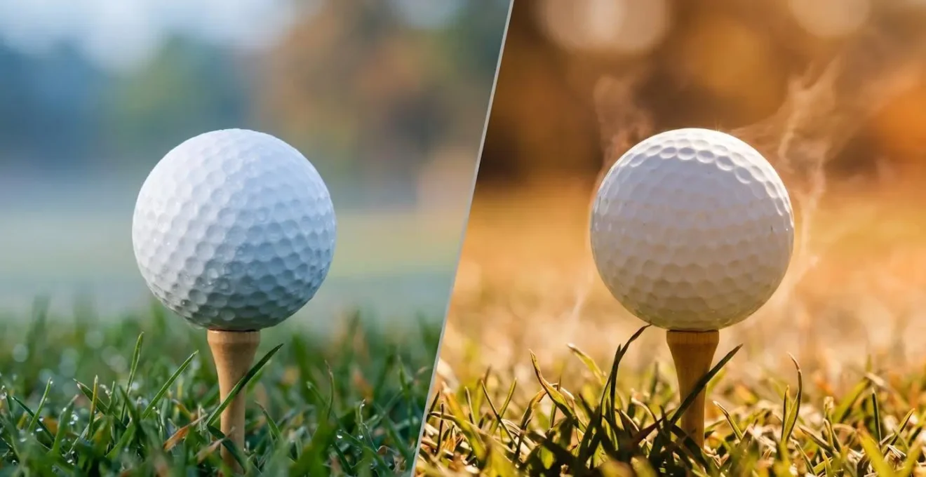 Split-screen comparison of golfer's focus from first tee versus 18th hole