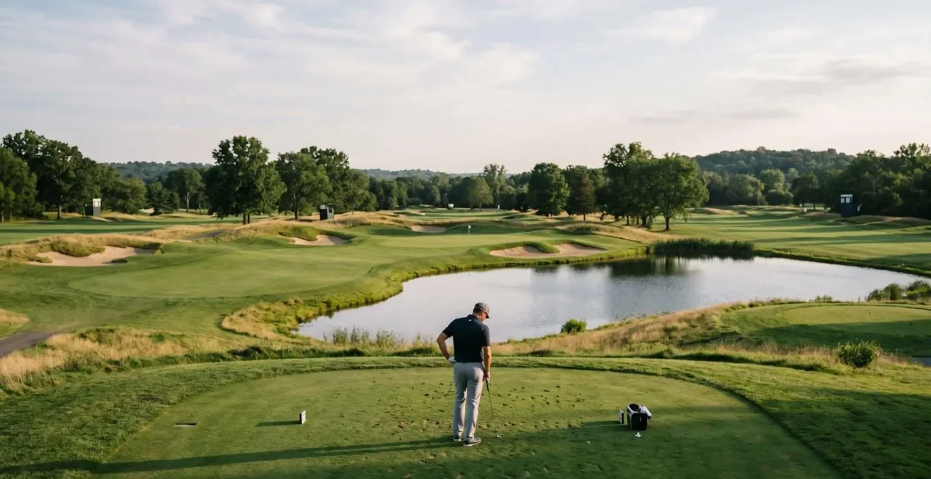 Environmental shot showing golfer's solitary figure on challenging hole sixteen