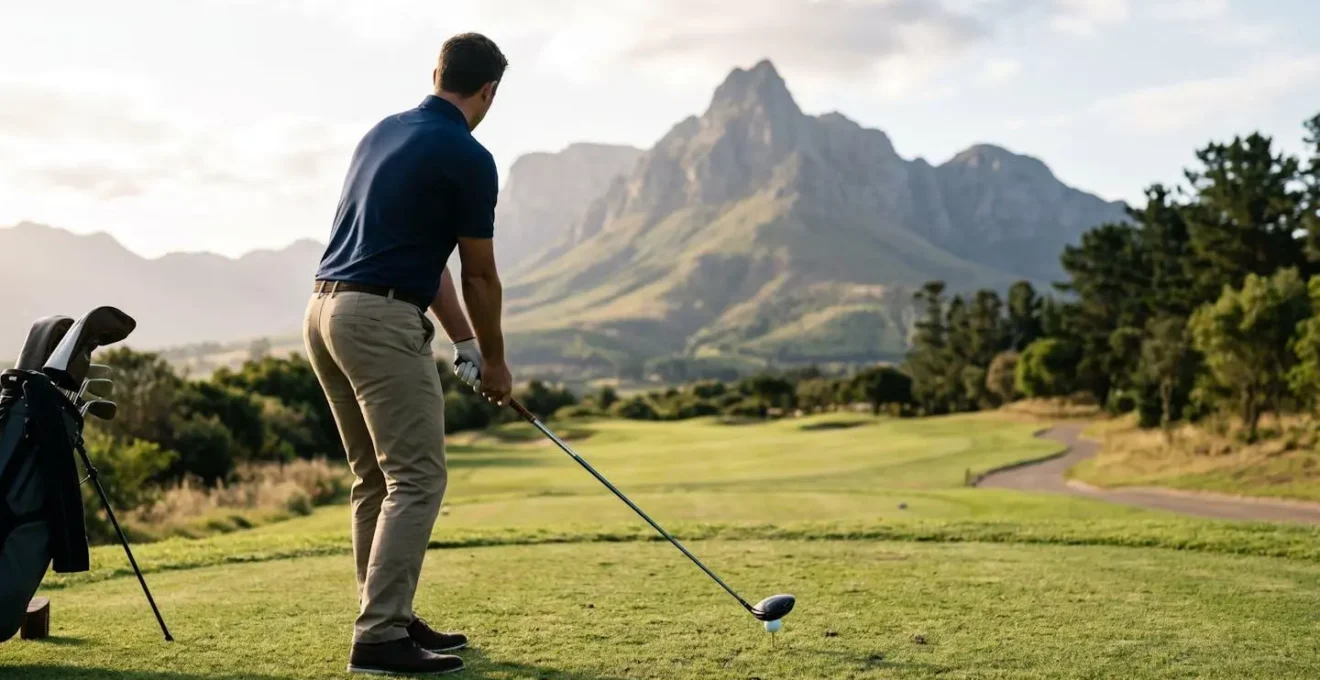 View from behind golfer aligning shot with mountain peak in background