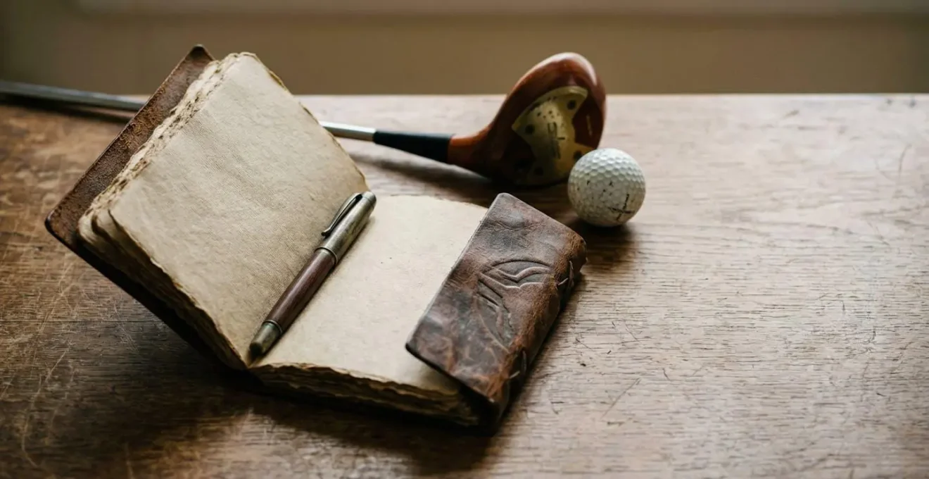 Strategic planning for bucket list golf trip with vintage leather travel journal and classic golf clubs