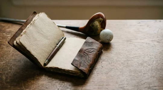 Strategic planning for bucket list golf trip with vintage leather travel journal and classic golf clubs