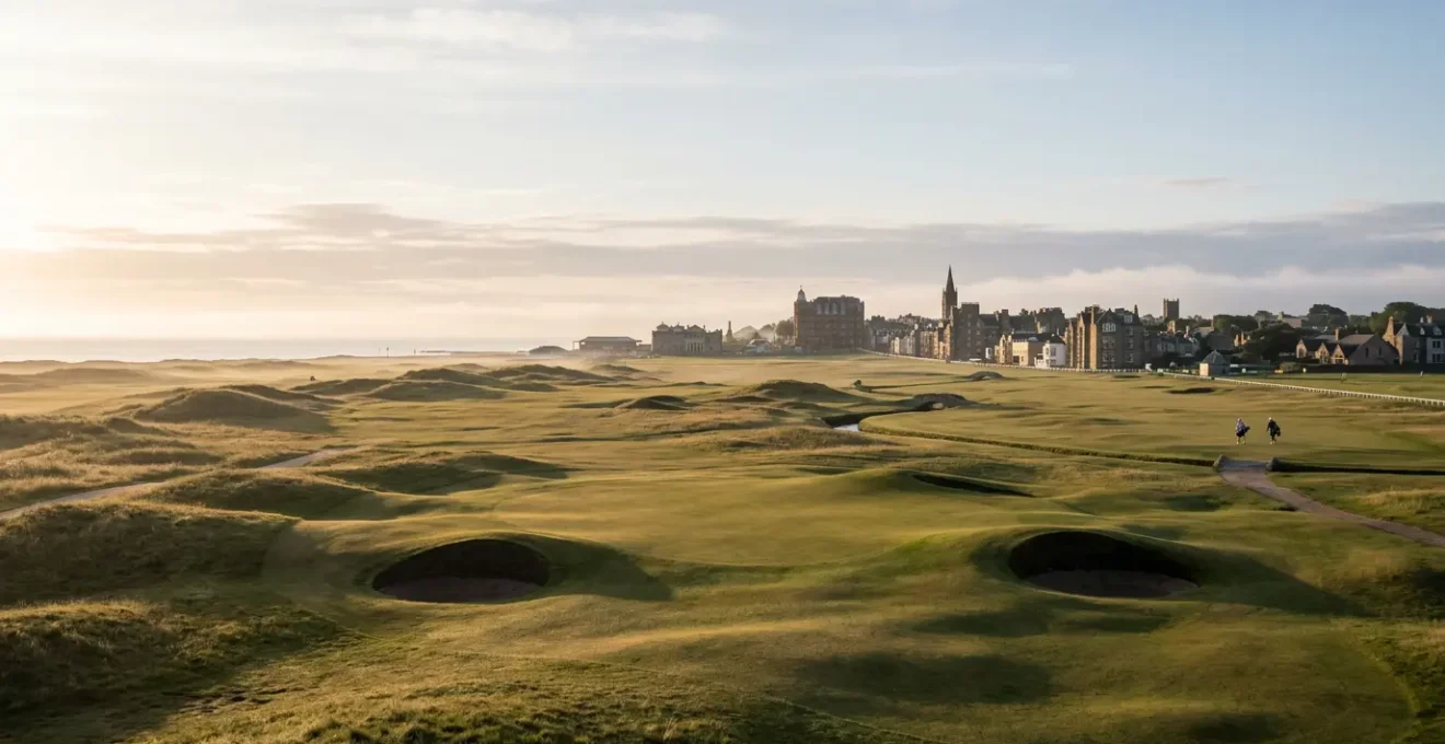 Wide angle view of the iconic Old Course at St Andrews with morning light casting shadows across undulating fairways