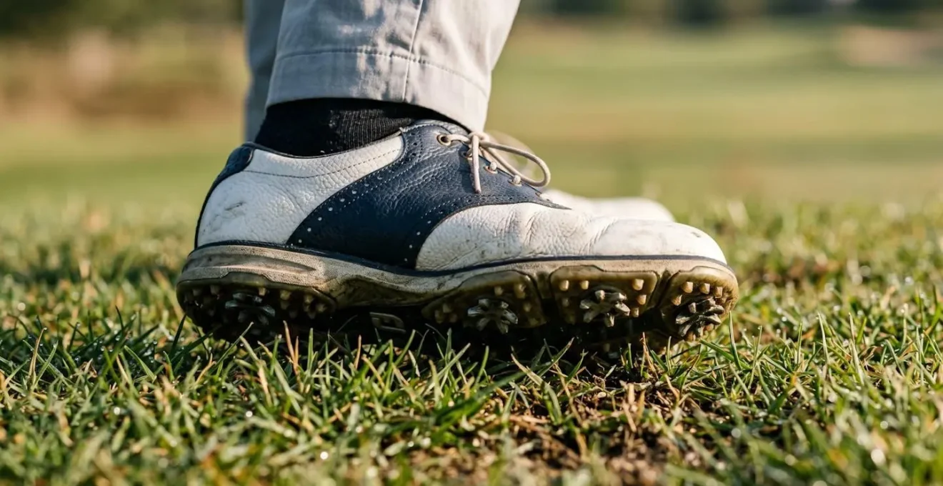 Close-up view of golfer's feet showing proper open stance positioning for knee protection