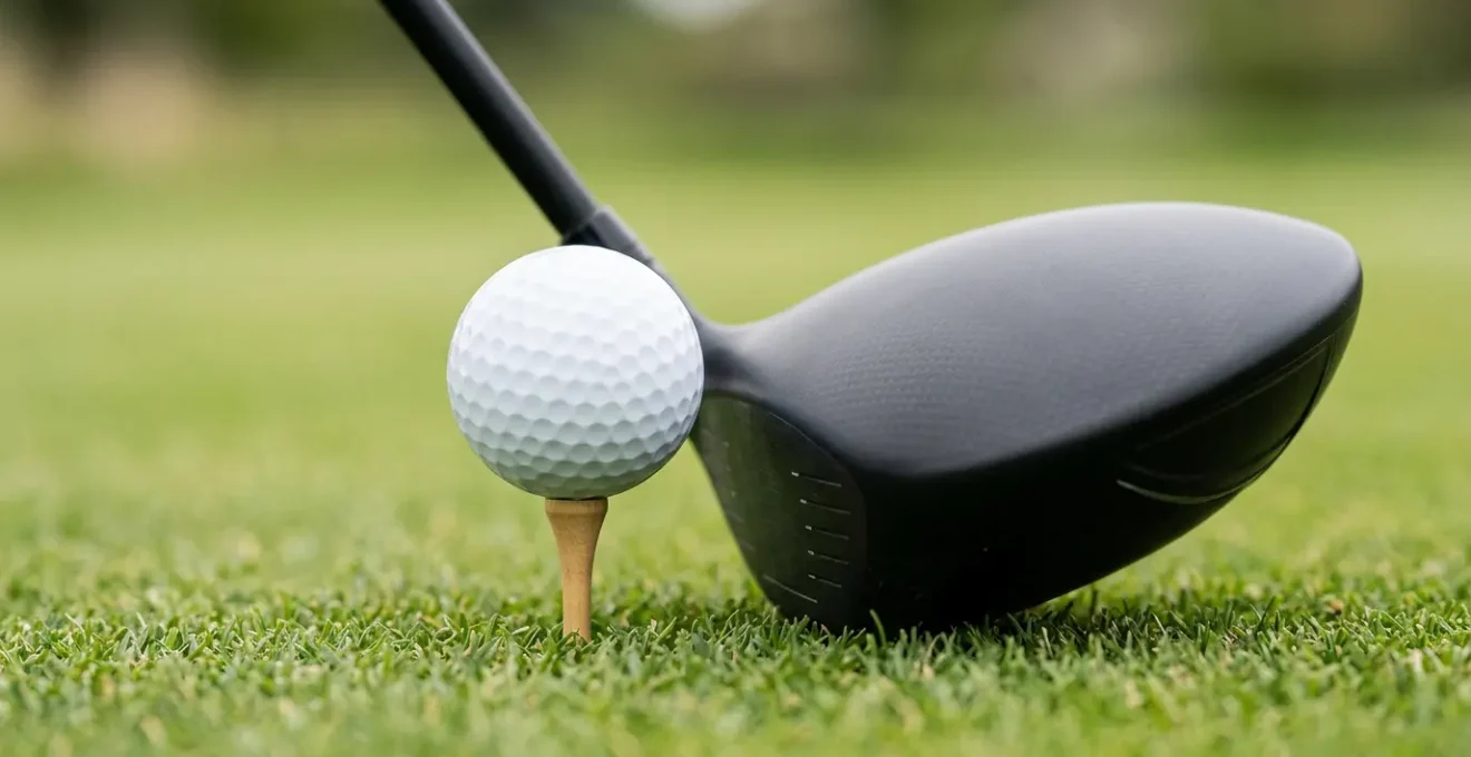 Close-up view of golf driver and teed ball demonstrating optimal positioning for maximum driver performance