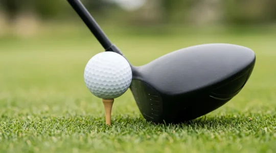Close-up view of golf driver and teed ball demonstrating optimal positioning for maximum driver performance