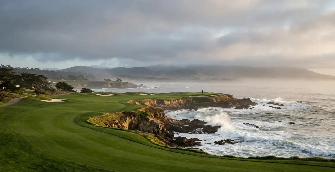 Dramatic view of Pebble Beach's iconic 18th hole at golden hour with Pacific Ocean waves