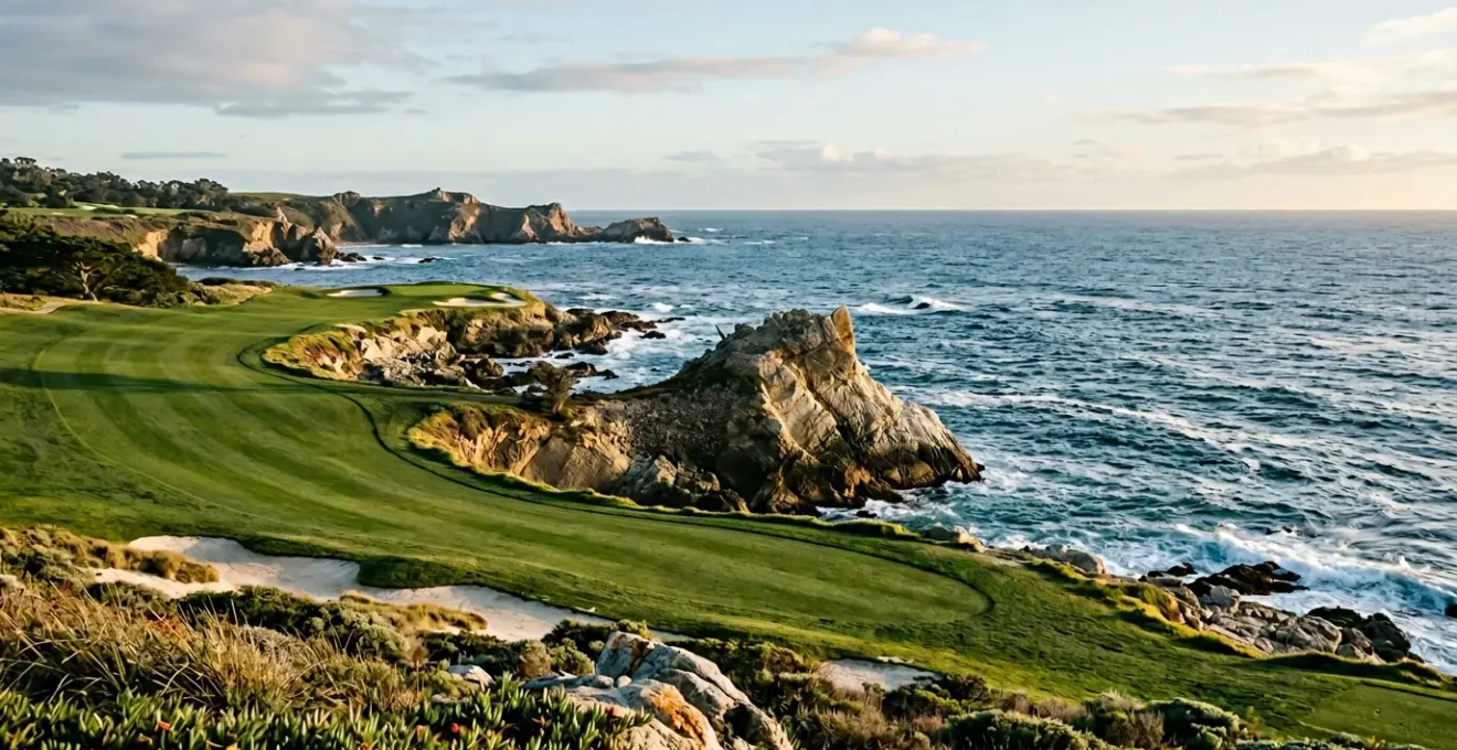 Iconic eighteenth hole at Pebble Beach Golf Links with dramatic Pacific coastline and ocean waves