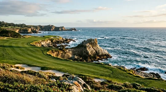 Iconic eighteenth hole at Pebble Beach Golf Links with dramatic Pacific coastline and ocean waves
