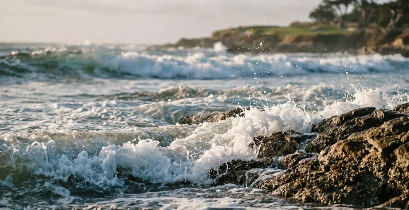 Pacific Ocean waves crashing against rocky Pebble Beach coastline creating signature soundscape