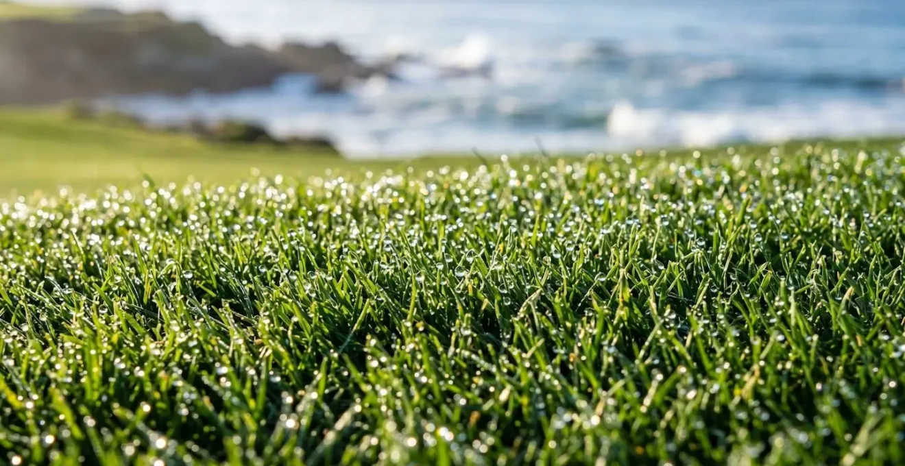 Extreme close-up of morning dew on Pebble Beach's seventh hole green with ocean backdrop