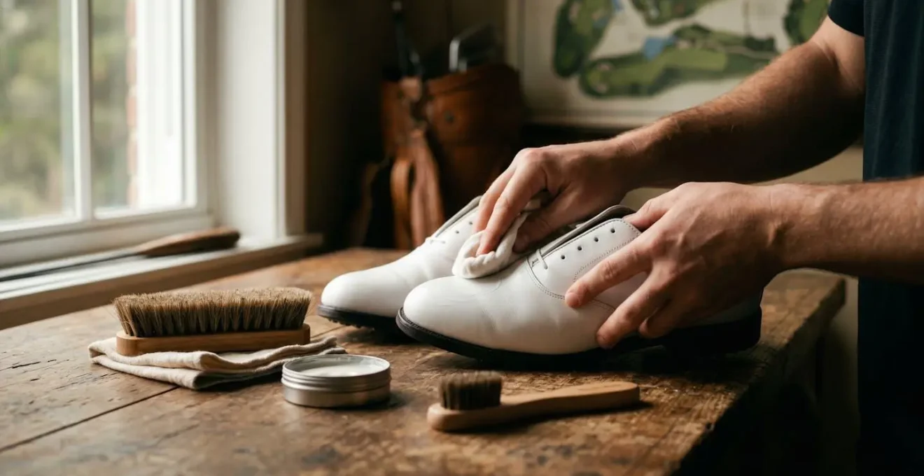 White golf shoes being cleaned and restored on a wooden surface