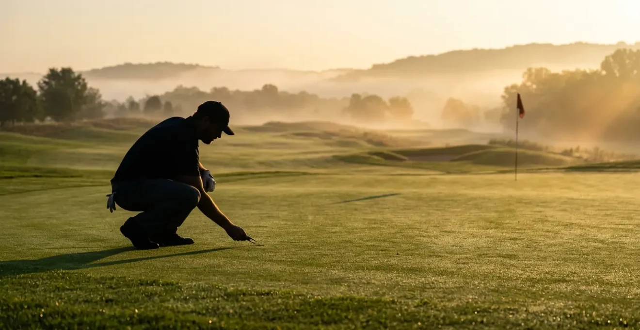 Professional golfer demonstrating correct pitch mark repair technique on bentgrass green