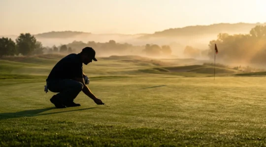 Professional golfer demonstrating correct pitch mark repair technique on bentgrass green