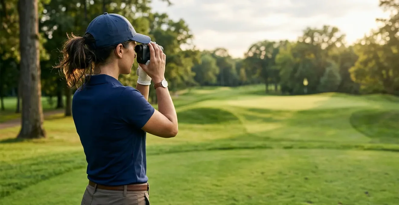 Golfer holding laser rangefinder aiming at flagstick on approach shot with focused determination