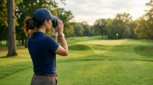 Golfer holding laser rangefinder aiming at flagstick on approach shot with focused determination