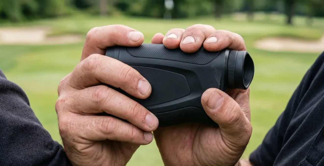 Extreme close-up of golfer's steady hands holding rangefinder with elbows braced against chest for stability