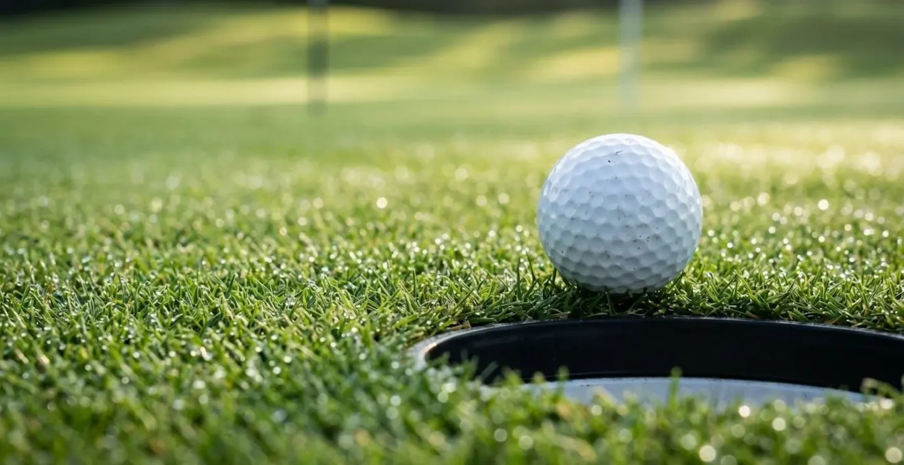 Close-up macro shot of golf ball near hole showing depth perception angles