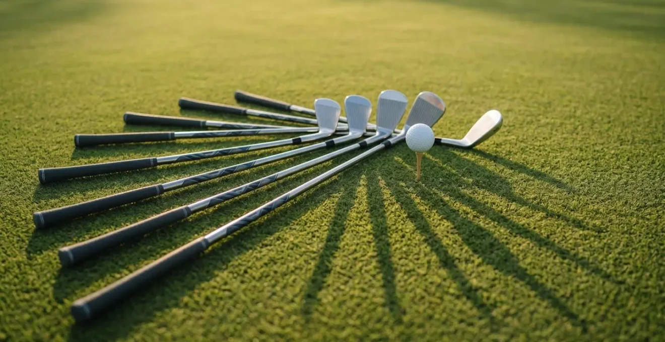Golf practice green showing multiple clubs arranged in arc formation demonstrating different trajectory options for chipping