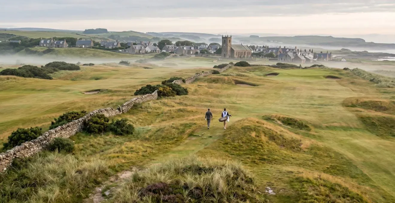 Sweeping view of Scottish links golf course with village in background at dawn