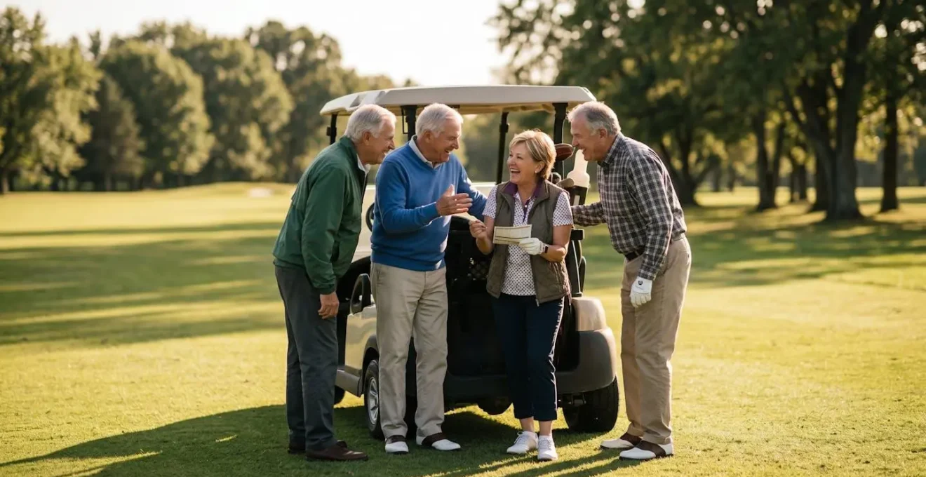 Group of senior golfers engaged in animated conversation on the golf course