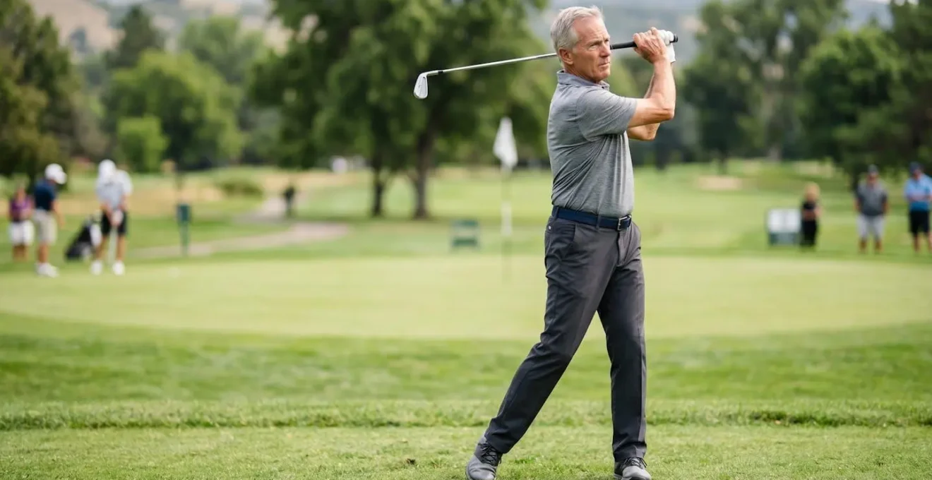 Close-up of senior golfer demonstrating proper thoracic rotation technique