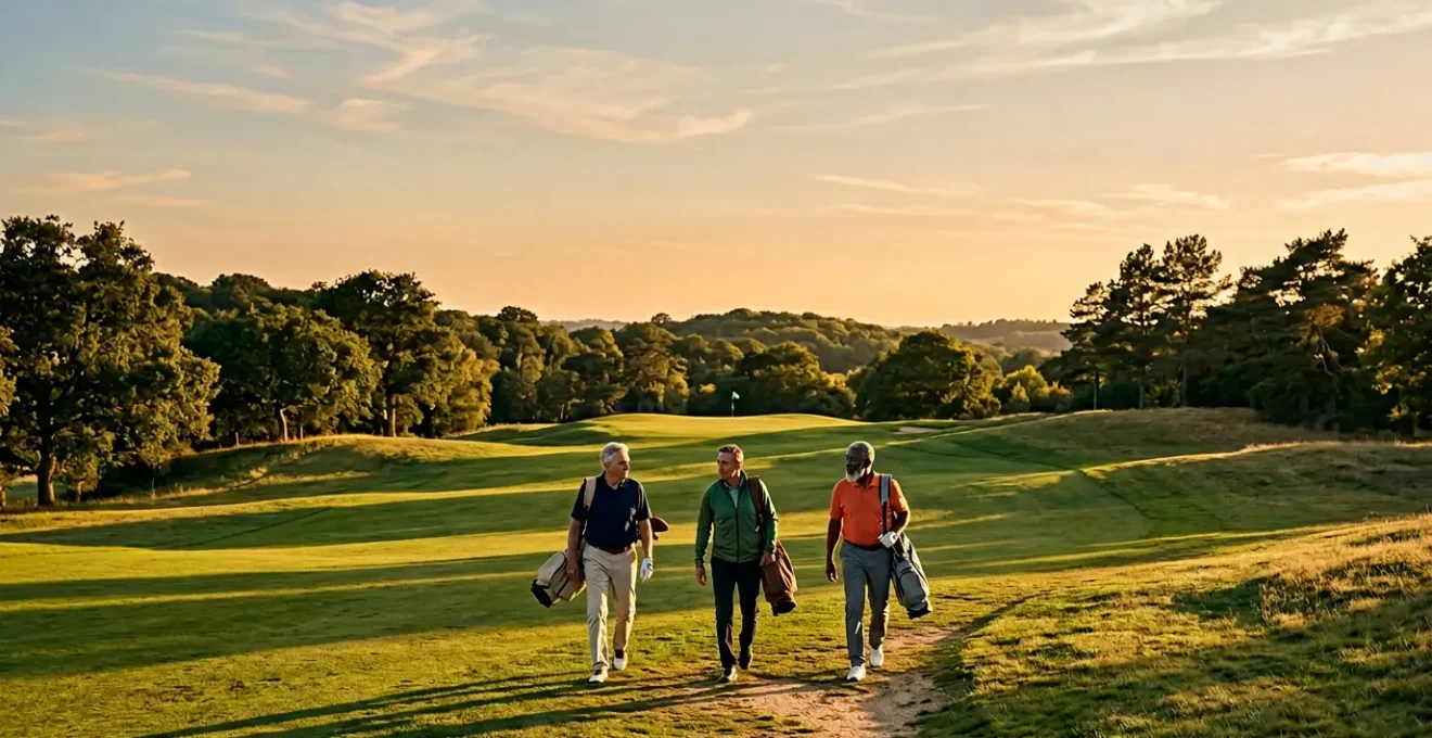 Senior golfers enjoying a scenic 18th hole at sunset, demonstrating the social and physical benefits of golf for longevity