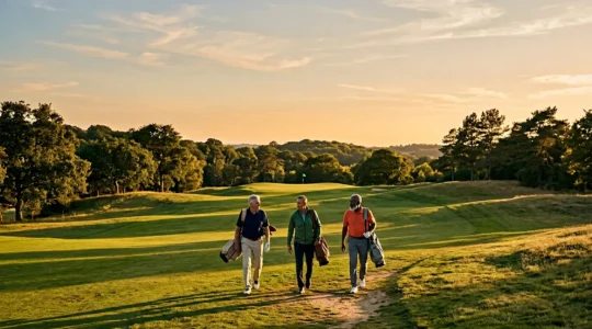 Senior golfers enjoying a scenic 18th hole at sunset, demonstrating the social and physical benefits of golf for longevity